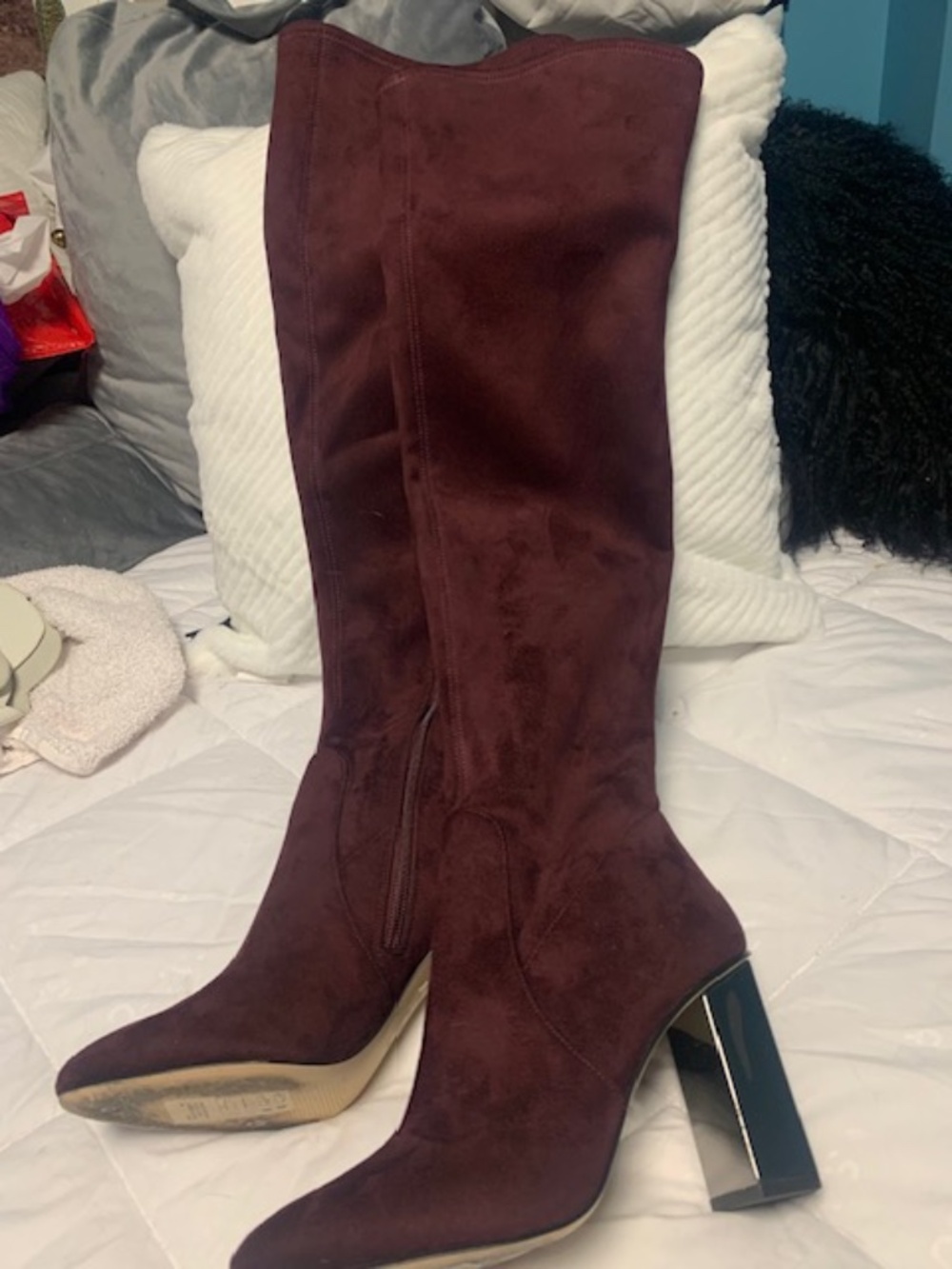 Over the knee dark burgundy suede boots